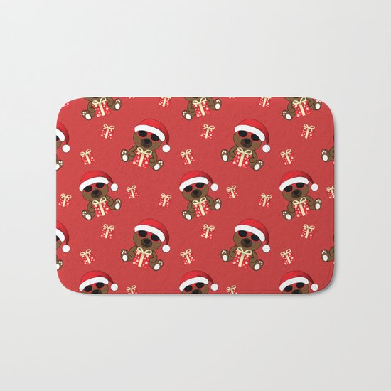Cool Santa Bear with sunglasses and Christmas gifts pattern Bath Mat