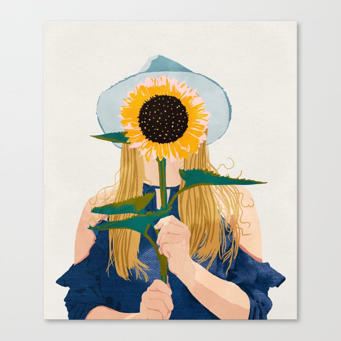 Miss Sunflower, Modern Bohemian Pastel Woman, Fashion Painting Illustration Canvas Print