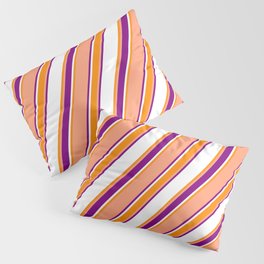 [ Thumbnail: Light Salmon, Purple, White, and Dark Orange Colored Stripes Pattern Pillow Sham ]