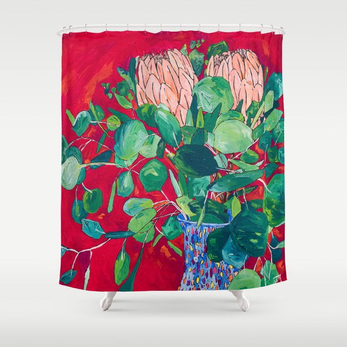 Two Proteas on Red, Pink, and Purple Floral Still Life with Fynbos Shower Curtain