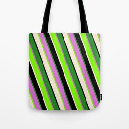 [ Thumbnail: Colorful Green, Beige, Black, Forest Green, and Orchid Colored Stripes/Lines Pattern Tote Bag ]