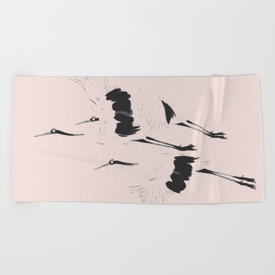 Pink Crane take flight Beach Towel