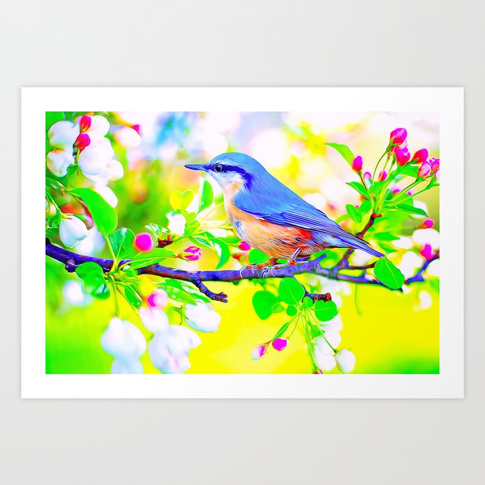 Blue Bird On A Branch Of Flowers Art Print