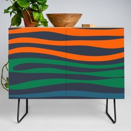 Mellow Waves Modern Retro Multi-Color Abstract Stripe Pattern Dark Blue Mustard Orange Green Credenza