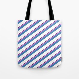[ Thumbnail: Black, Violet, Blue & White Colored Lines/Stripes Pattern Tote Bag ]