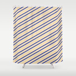 [ Thumbnail: Tan, Blue, and Cornflower Blue Colored Lines Pattern Shower Curtain ]