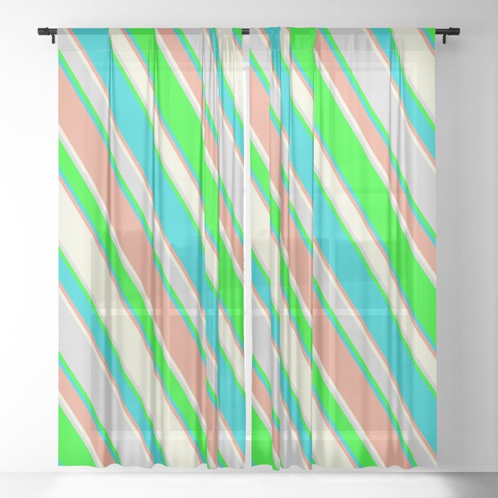 Lime, Dark Turquoise, Dark Salmon, Beige, and Light Gray Colored Stripes/Lines Pattern Sheer Curtain