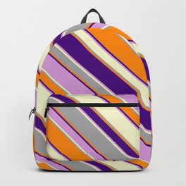 [ Thumbnail: Colorful Light Yellow, Dark Gray, Dark Orange, Indigo & Plum Colored Lines/Stripes Pattern Backpack ]
