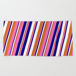 [ Thumbnail: Hot Pink, Dark Blue, White, and Chocolate Colored Lines Pattern Beach Towel ]