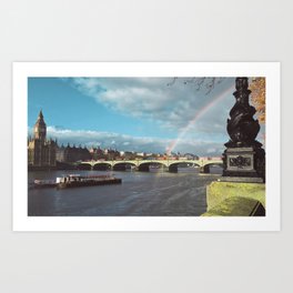 End of the Rainbow. Art Print | Endoftherainbow, Westminsterbridge, Westminster, Photo, Riverthames, Unitedkingdom, Parliament, Luck, Doubledeckerbus, Southbank 
