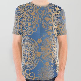 Blue and Gold Mandala Pattern All Over Graphic Tee
