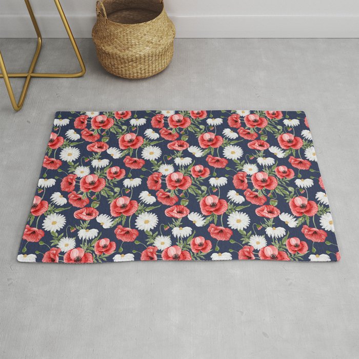 Daisy and Poppy Seamless Pattern on Navy Blue Background Rug
