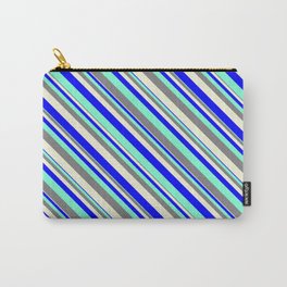[ Thumbnail: Aquamarine, Grey, Beige & Blue Colored Pattern of Stripes Carry-All Pouch ]