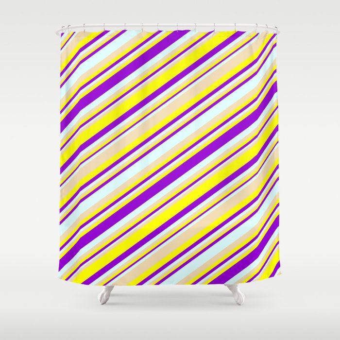 Tan, Yellow, Dark Violet & Light Cyan Colored Striped Pattern Shower Curtain