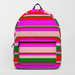 [ Thumbnail: Green, Red, Fuchsia, and Pink Colored Lined/Striped Pattern Backpack ]
