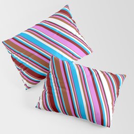[ Thumbnail: Colorful Deep Sky Blue, Maroon, Violet, Sienna & White Colored Striped/Lined Pattern Pillow Sham ]