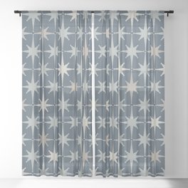 Midcentury Modern Atomic Starburst Pattern in Neutral Blue Gray Tones Sheer Curtain