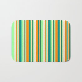[ Thumbnail: Green, Dark Cyan, Dark Orange, and Beige Colored Stripes Pattern Bath Mat ]