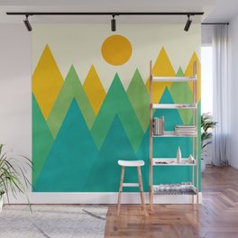 Retro Geometric Mountains in Bright Spring Colors, Teal Green Wall Mural