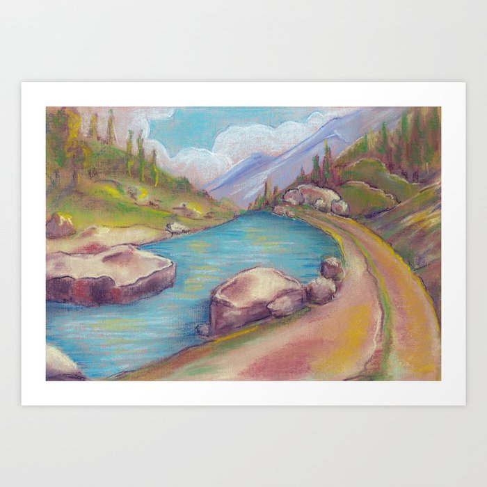Landscape With Lake And Mountains Drawing By Pastel Art Print By Jeshta