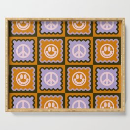 Funky Checkered Smileys and Peace Symbol Pattern (Dark Brown, Ginger Brown, Lilac, Muted Pink) Serving Tray
