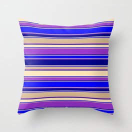 [ Thumbnail: Colorful Dark Orchid, Dark Blue, Beige, Blue & Tan Colored Striped Pattern Throw Pillow ]