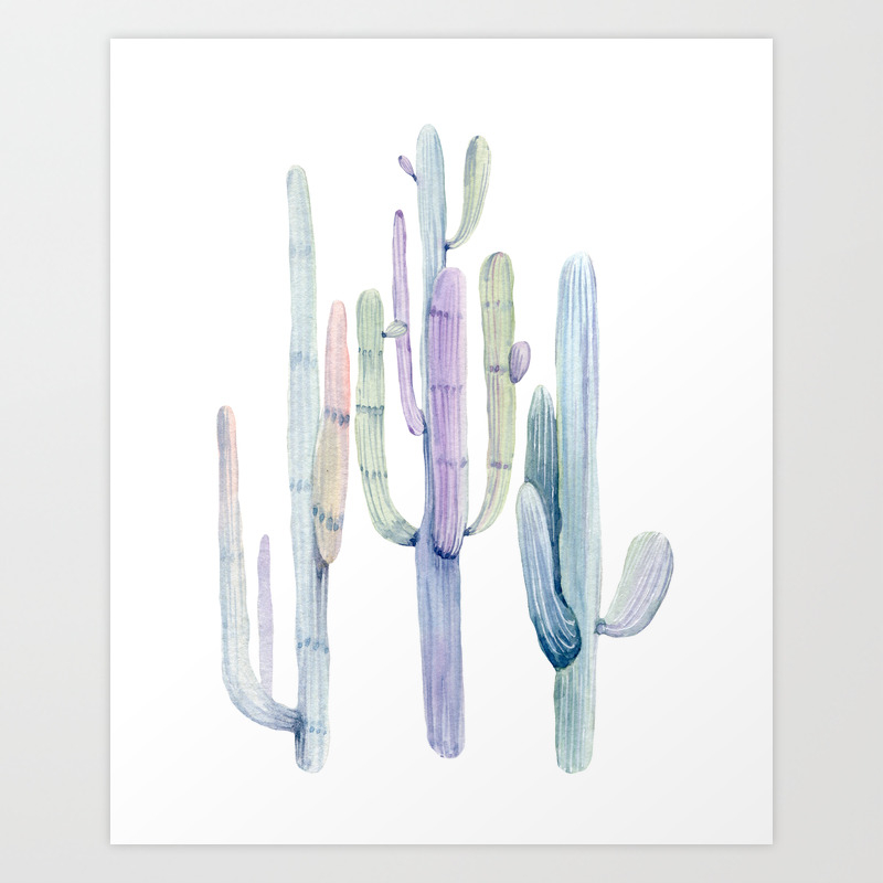 Minimalist Cactus Drawing Watercolor Painting Turquoise Cacti Art