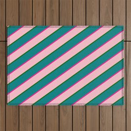 [ Thumbnail: Deep Pink, Pink, Dark Green & Teal Colored Lined/Striped Pattern Outdoor Rug ]