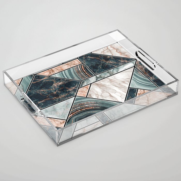 Art Deco Teal + Rose Gold Abstract Marble Geometry Acrylic Tray