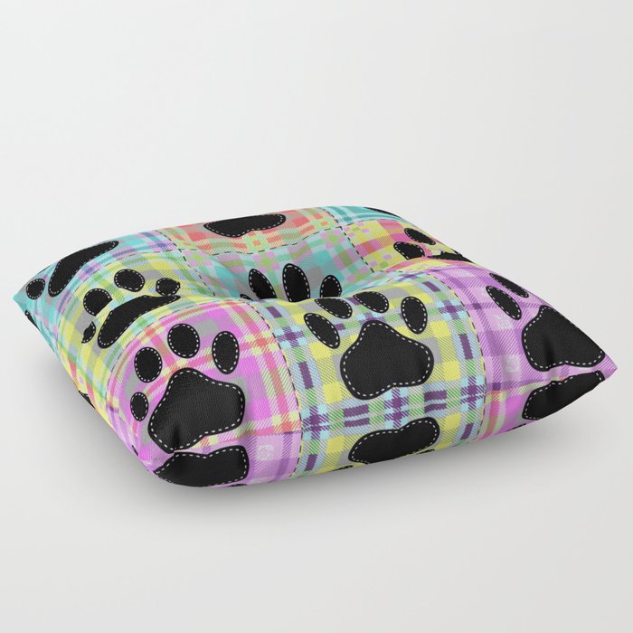 Colorful Quilt Dog Paw Print Drawing Floor Pillow