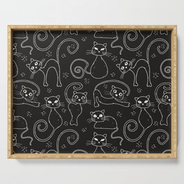 Fun black cat line art pattern Serving Tray