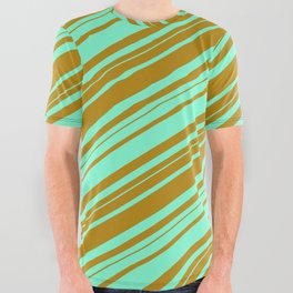 [ Thumbnail: Aquamarine and Dark Goldenrod Colored Lined/Striped Pattern All Over Graphic Tee ]