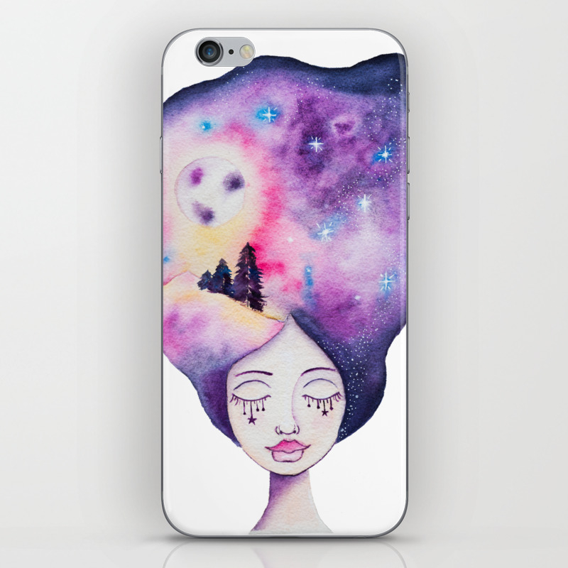Dreaming Moonscape Whimsical Girl Galaxy Night Sky Watercolor