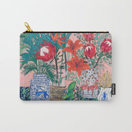 The Domesticated Jungle - Floral Still Life Carry-All Pouch | Laraleemeintjes, Painting, Bloom, Pink, Stilllife, Lily, Summer, Fern, Bouquet, Birdsofparadise 