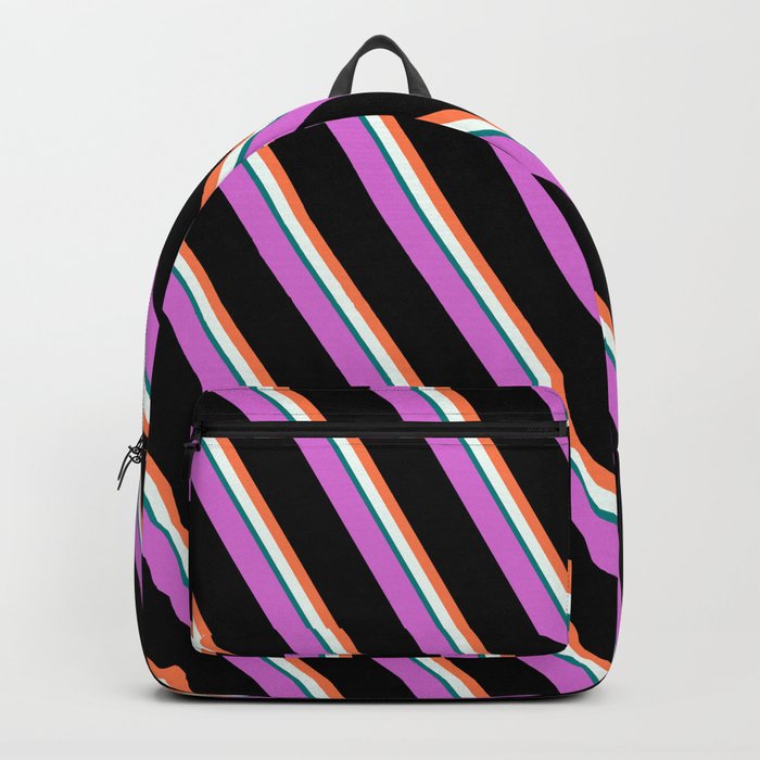 Orchid, Black, Coral, Mint Cream, and Teal Colored Lines/Stripes Pattern Backpack