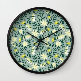 Insects and flowers green print Wall Clock