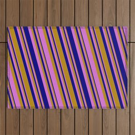 [ Thumbnail: Dark Goldenrod, Orchid, and Blue Colored Striped/Lined Pattern Outdoor Rug ]