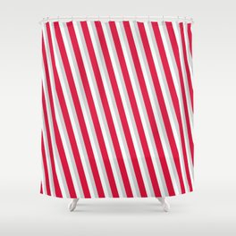 [ Thumbnail: Crimson, Light Grey & Mint Cream Colored Lined/Striped Pattern Shower Curtain ]