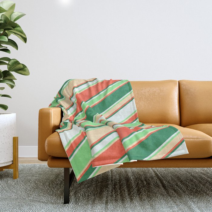Colorful Red, Sea Green, Mint Cream, Light Green & Beige Colored Lined/Striped Pattern Throw Blanket