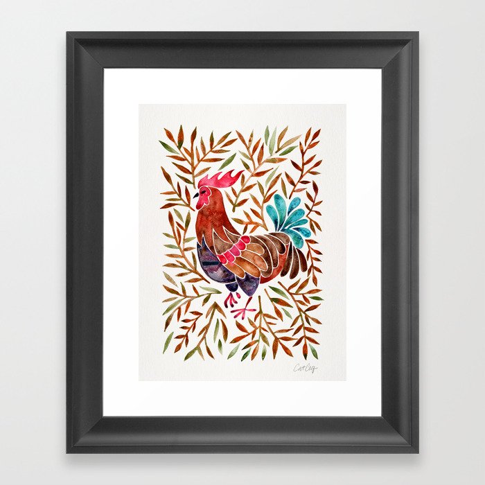 Le Coq – Watercolor Rooster with Sepia Leaves Framed Art Print