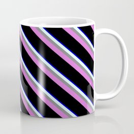 [ Thumbnail: Eyecatching Blue, Light Cyan, Gray, Orchid & Black Colored Lines Pattern Coffee Mug ]