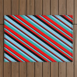 [ Thumbnail: Black, Sky Blue, Light Sea Green & Red Colored Lines/Stripes Pattern Outdoor Rug ]