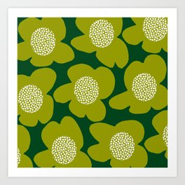 Large Retro Flowers Olive Green Petals White Center Dark Green Background #decor #society6 #buyart Art Print