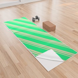 [ Thumbnail: Tan & Green Colored Striped Pattern Yoga Towel ]