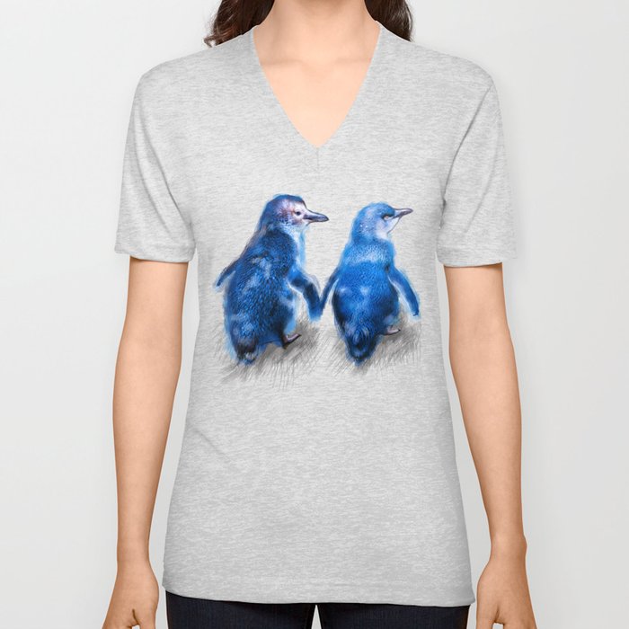 We care a lot. Couple of blue little penguins. V Neck T Shirt