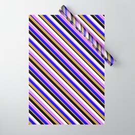[ Thumbnail: Colorful Violet, Blue, Goldenrod, Black & White Colored Lined/Striped Pattern Wrapping Paper ]