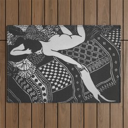 Laziness, nude female on bed with bad cat black and white portrait painting by Felix Vallotton  Outdoor Rug