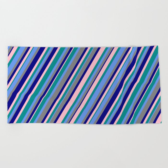 Dark Cyan, Cornflower Blue, Grey, Blue & Pink Colored Stripes/Lines Pattern Beach Towel