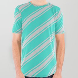 [ Thumbnail: Turquoise & Light Grey Colored Stripes Pattern All Over Graphic Tee ]