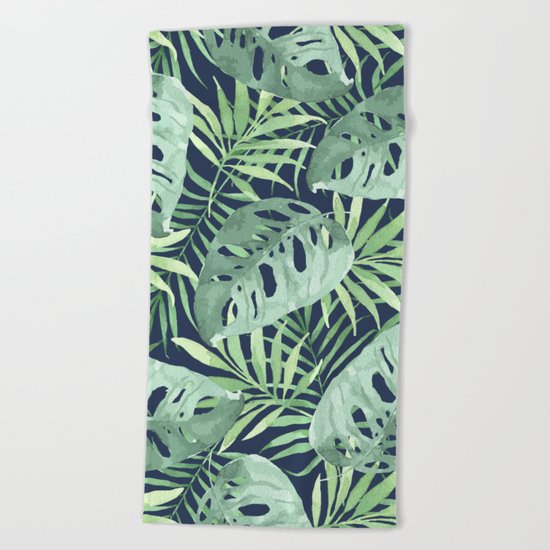 Tropical Branches on Dark Pattern 03 Beach Towel